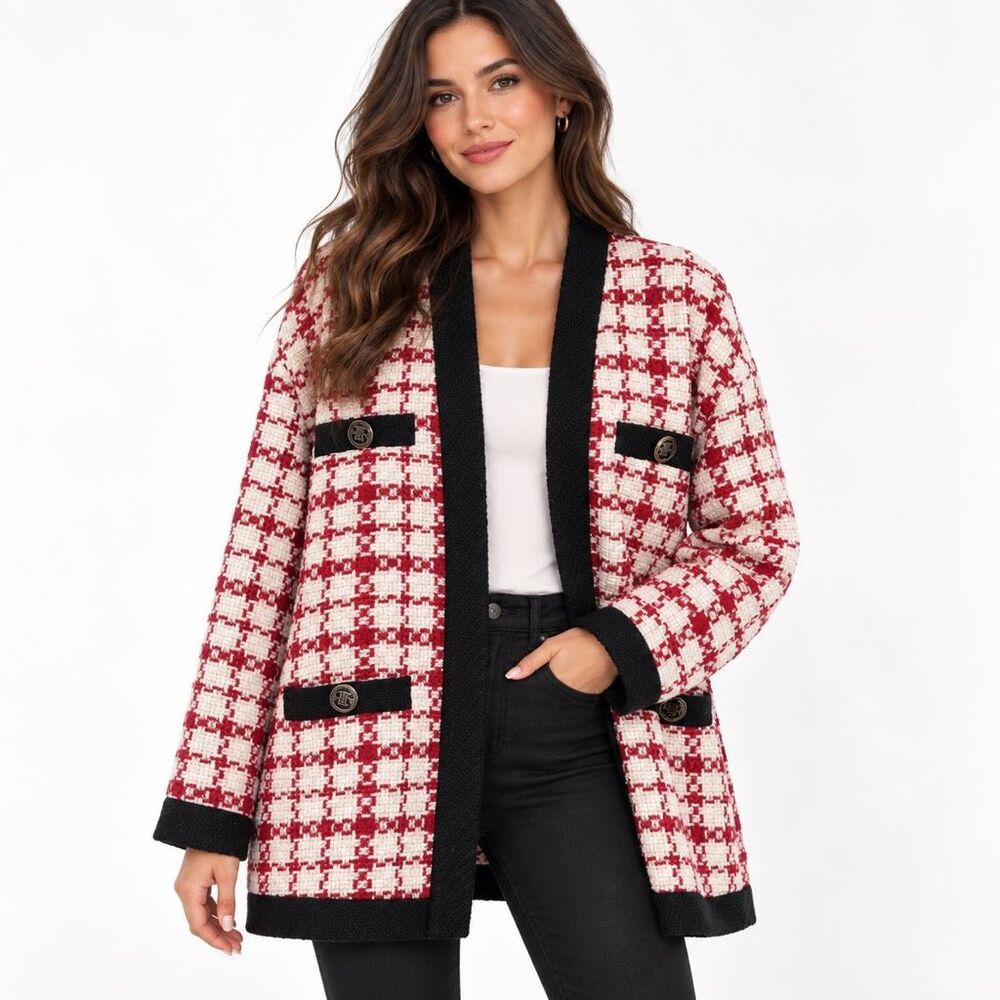 River Island Women’s Red White Tweed Bouclé Oversized Blazer Jacket Size 2
